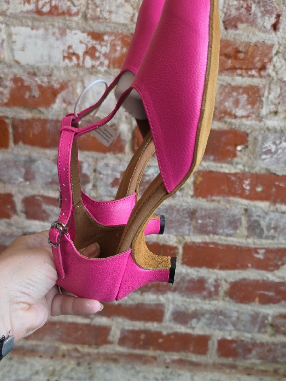 T-Strap Low Heel Pumps in Bright Pink - Picture 4 of 6